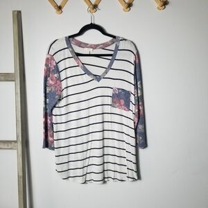 C WOMEN'S FLORAL SLEEVE FLORAL STRIPED BLOUSE SIZE XL